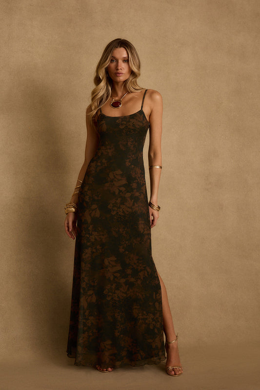 Amora Dark Floral Mesh Maxi Dress