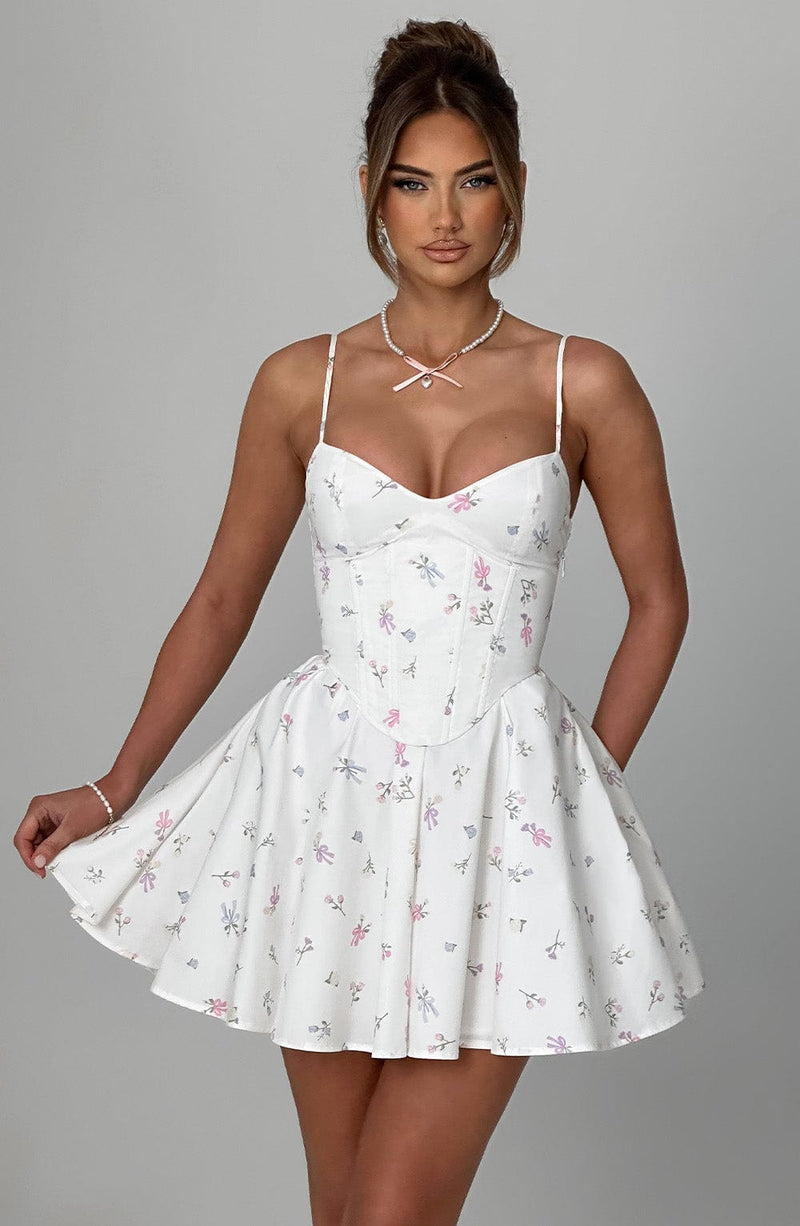 Analeigh Mini Dress - White Multi Floral Print Dress Babyboo Fashion Premium Exclusive Design