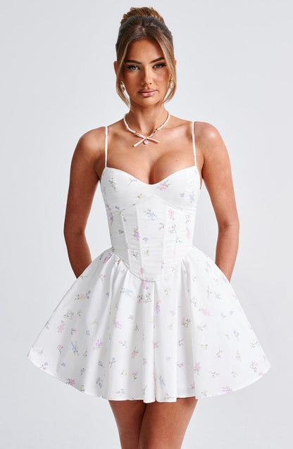 Analeigh Mini Dress - White Multi Floral Print Dress Babyboo Fashion Premium Exclusive Design