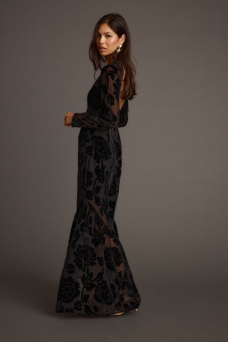 Angela Black Velvet Burnout Long Sleeve Maxi Dress paired with complementary accessories for a polished look.