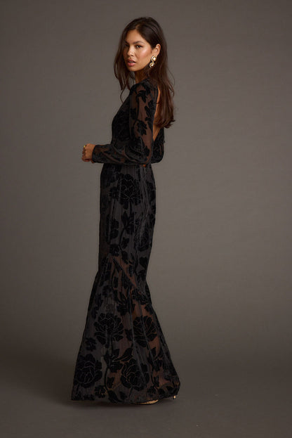 Angela Black Velvet Burnout Long Sleeve Maxi Dress paired with complementary accessories for a polished look.