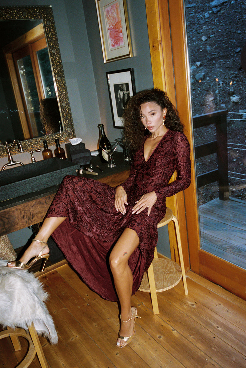 Close-up of the Angela Mulberry Velvet Burnout Long Sleeve Maxi Dress showcasing the velvet texture and craftsmanship.