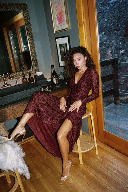 Close-up of the Angela Mulberry Velvet Burnout Long Sleeve Maxi Dress showcasing the velvet texture and craftsmanship.