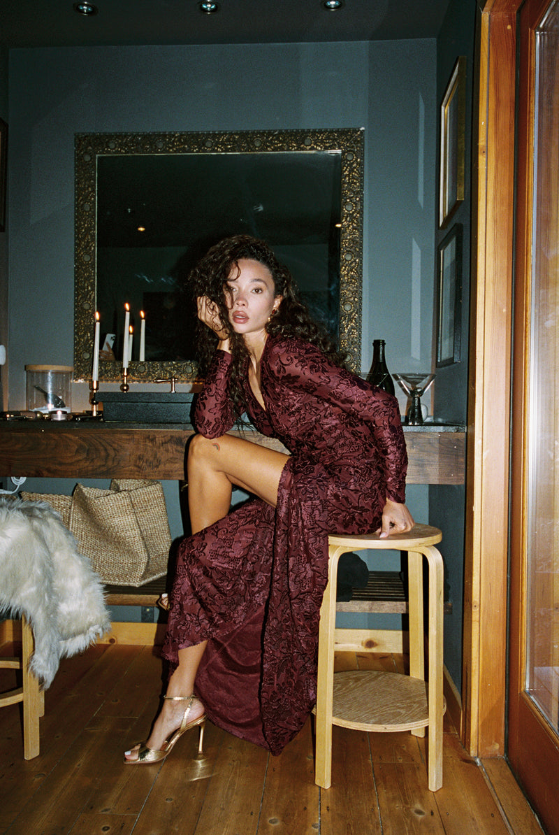 Angela Mulberry Velvet Burnout Long Sleeve Maxi Dress styled in a complete look from an alternate angle.