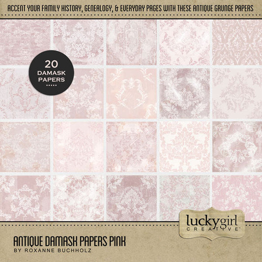 Add beautiful pink monochromatic damask papers by Lucky Girl Creative digital art to all your digital scrapbooking pages and albums. Inspired by vintage wallpapers and patterns, these background papers will add a subtle touch of warmth to your projects. This kit is included in the Antique Damask Papers Bundle.