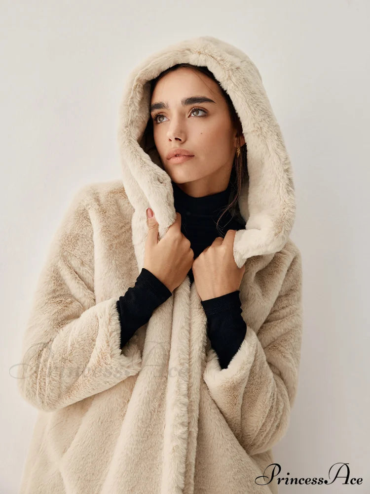 Apricot Faux Fur Trendy Hooded Longline Coat Fleece Jackets