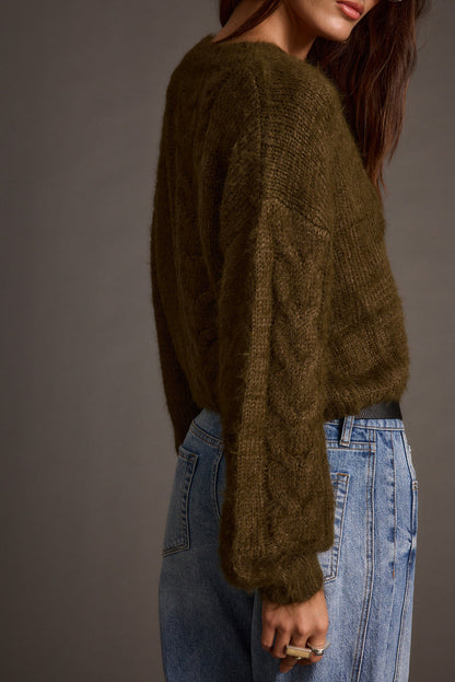 Archie Olive Cropped Cardigan styled in a complete look from an alternate angle.
