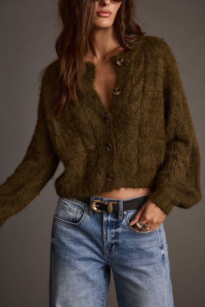 Additional view of the Archie Olive Cropped Cardigan from a different perspective.