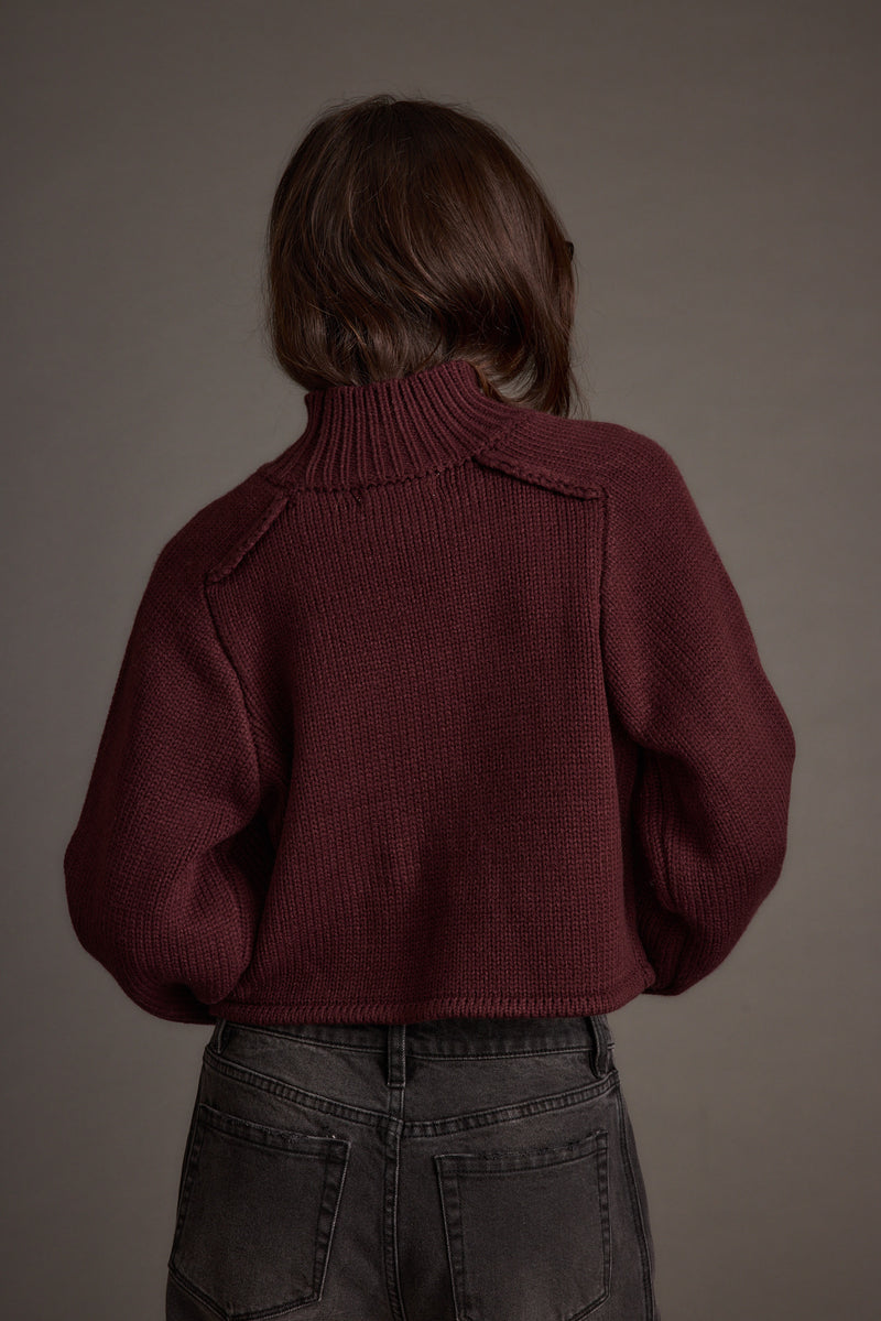 Arden Plum Cropped Sweater styled in a complete look from an alternate angle.