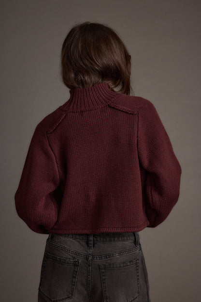 Arden Plum Cropped Sweater styled in a complete look from an alternate angle.