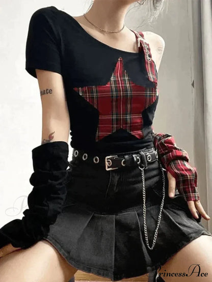 Argyll Print Crew Neck Modern Crop Tank Top - Coffee Tops&Tees