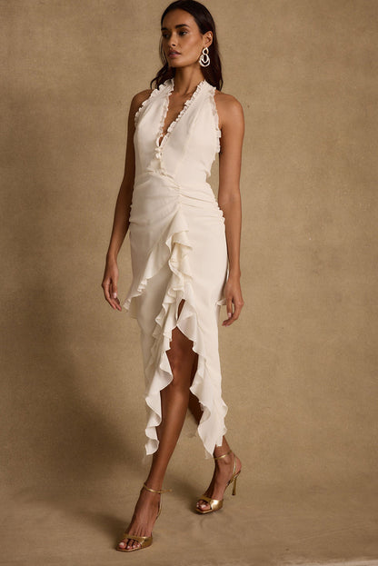 Aria Cream Halter Maxi Dress styled in a complete look from an alternate angle.