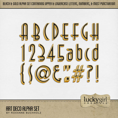 These gold and black metal alphabet and number digital scrapbooking embellishments by Lucky Girl Creative digital art are easy to use for digital scrapbook page titles and inspired by the Great Gatsby and the Roaring 20's. Great for New Year's Eve, anniversary, birthday, black tie events, party, graduation, wedding, and more! The Art Deco Alpha Set consists of a full set of digital art uppercase alphabet letters A-Z, lowercase letters a-z, numbers 0-9, and most punctuation marks.