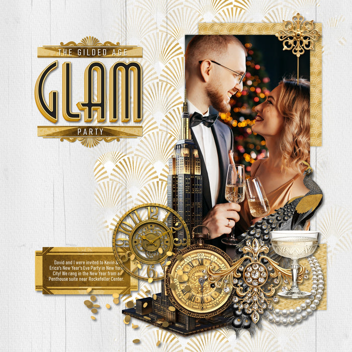 Inspired by the Great Gatsby, these beautiful and realistic Art Deco embellishments, patterned papers, photo mask frames, and alpha set by Lucky Girl Creative digital art from the Roaring 20's will help you create heritage digital scrapbooking pages and albums. Great for New Year's Eve, anniversary, birthday, black tie events, party, graduation, wedding, and more! Embellishments include skyscraper building, clip, clock, pocket watch, bow tie, dress, gown, shoe, top hat, fashion, satin, glove, column.