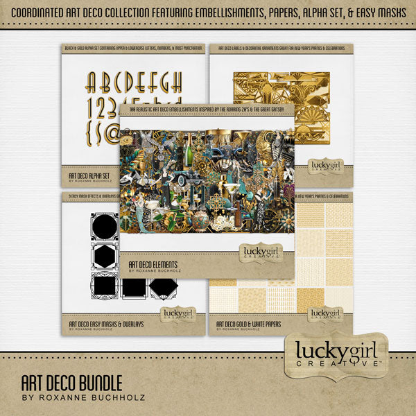 Inspired by the Great Gatsby, these beautiful and realistic Art Deco embellishments, patterned papers, photo mask frames, and alpha set by Lucky Girl Creative digital art from the Roaring 20's will help you create heritage digital scrapbooking pages and albums. Great for New Year's Eve, anniversary, birthday, black tie events, party, graduation, wedding, and more! Embellishments include skyscraper building, clip, clock, pocket watch, bow tie, dress, gown, shoe, top hat, fashion, satin, glove, column.