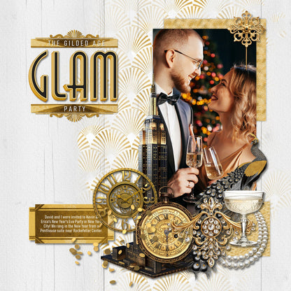 Inspired by the Great Gatsby, these beautiful and realistic Art Deco embellishments, patterned papers, photo mask frames, and alpha set by Lucky Girl Creative digital art from the Roaring 20's will help you create heritage digital scrapbooking pages and albums. Great for New Year's Eve, anniversary, birthday, black tie events, party, graduation, wedding, and more! Embellishments include skyscraper building, clip, clock, pocket watch, bow tie, dress, gown, shoe, top hat, fashion, satin, glove, column.