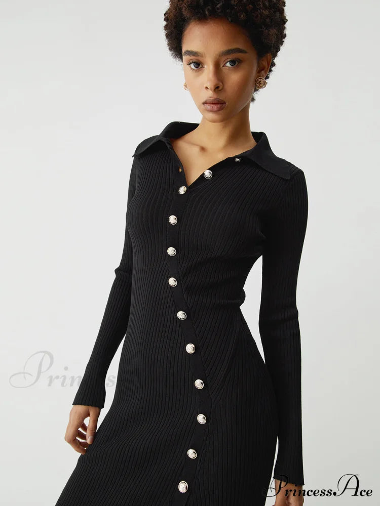Asymmetric Button Down Long Modern Sleeve Midi Sweater Dress Sweaters-L