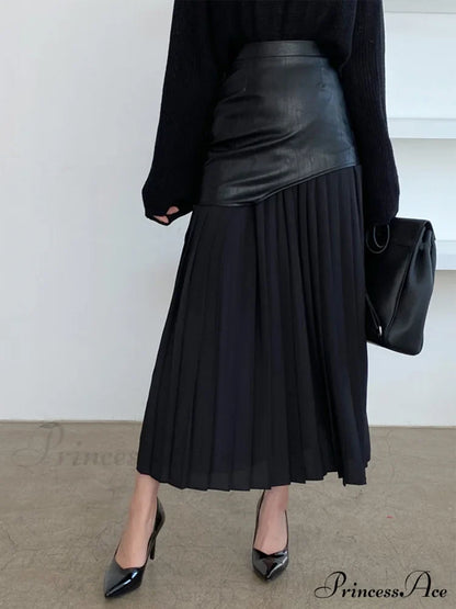 Asymmetric Patchwork Faux Leather Modern Chiffon Pleated Midi Skirt Skirts