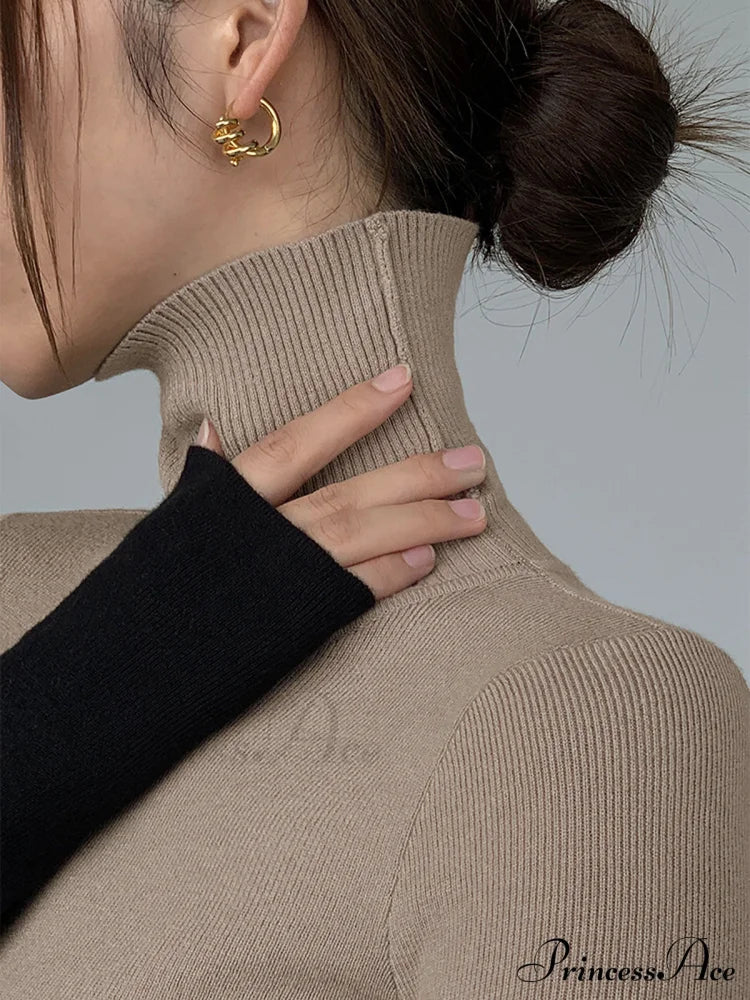 Asymmetric Patchwork Long Sleeve Modern Mock Neck Knit Top Sweaters-L