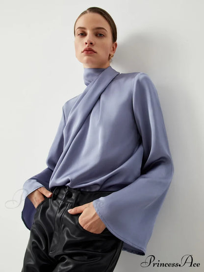 Asymmetric Pleated Graceful Turtleneck Satin Shirt Shirts