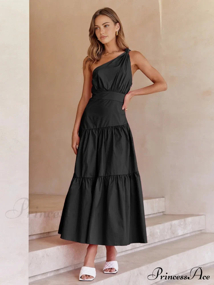 Asymmetric Shoulder Graceful Knotted Midi Dress Black / Xs Dresses