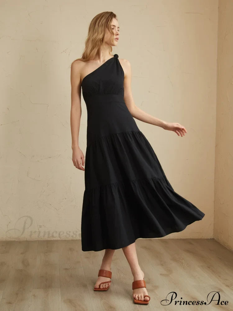 Asymmetric Shoulder Graceful Knotted Midi Dress Dresses
