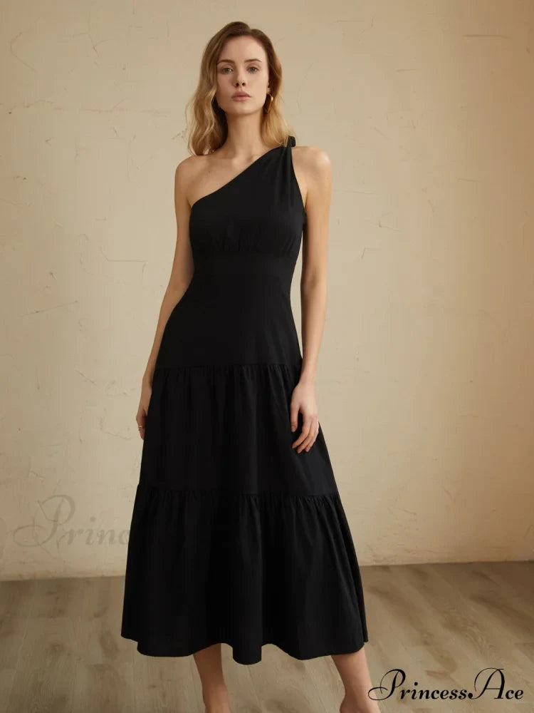 Asymmetric Shoulder Graceful Knotted Midi Dress Dresses