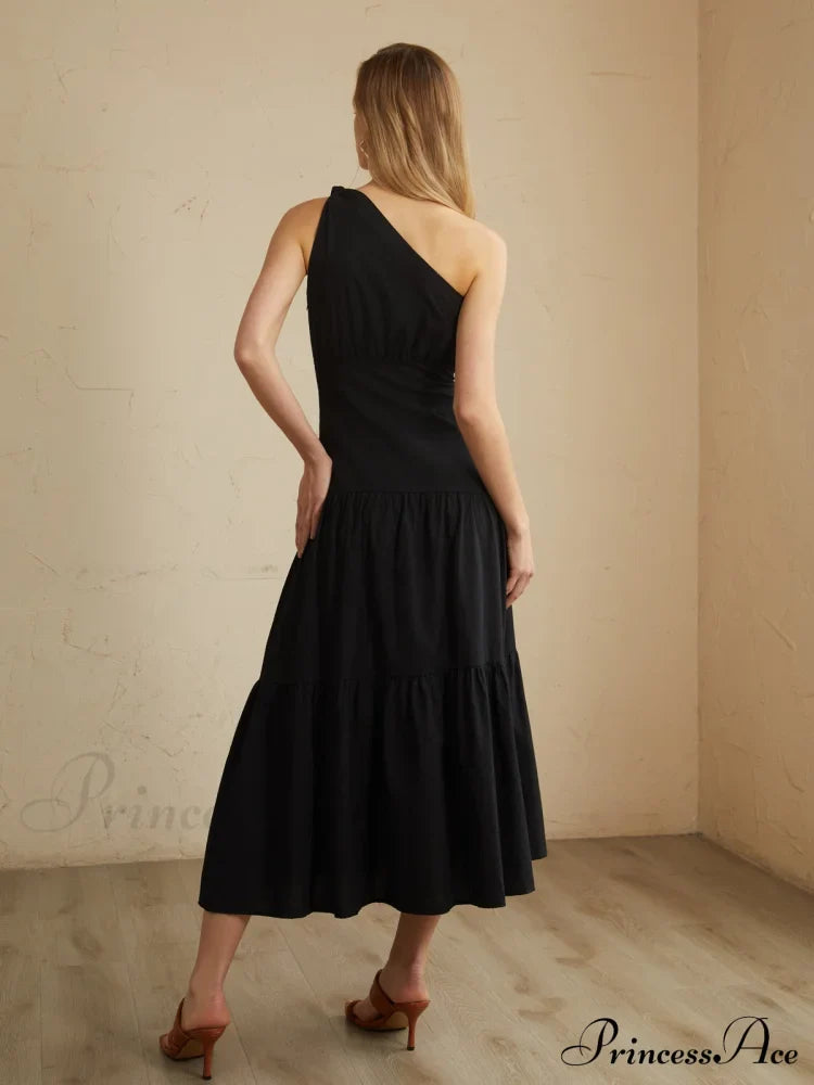 Asymmetric Shoulder Graceful Knotted Midi Dress Dresses