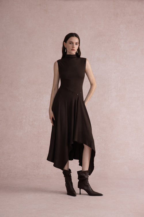 Asymmetrical mock-neck wool dress