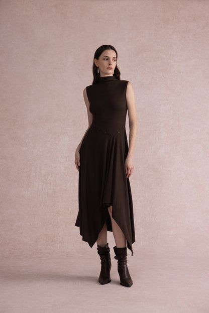 Asymmetrical mock-neck wool dress