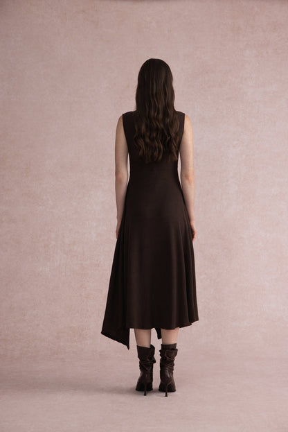Asymmetrical mock-neck wool dress