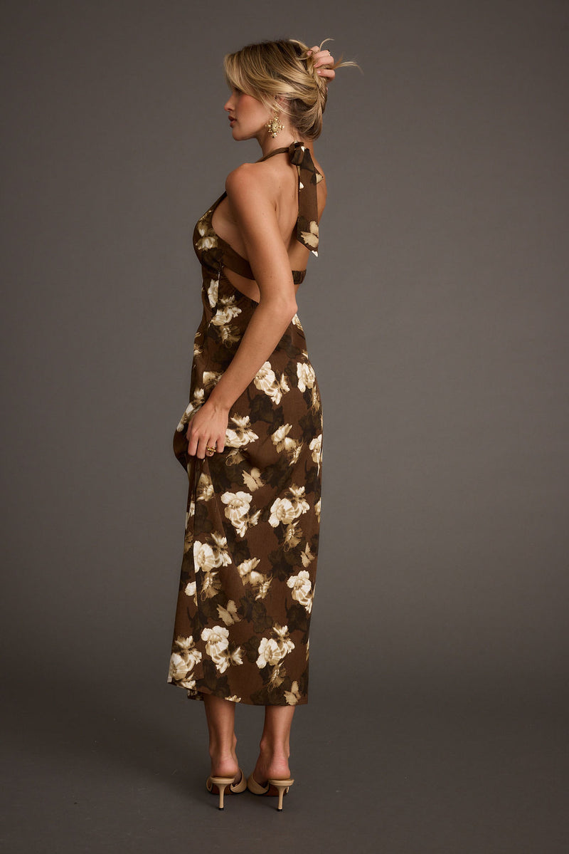 Detail shot of the Audrina Brown Floral Halter Maxi Dress highlighting the halter elements.
