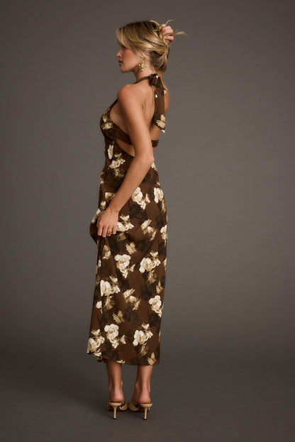 Detail shot of the Audrina Brown Floral Halter Maxi Dress highlighting the halter elements.
