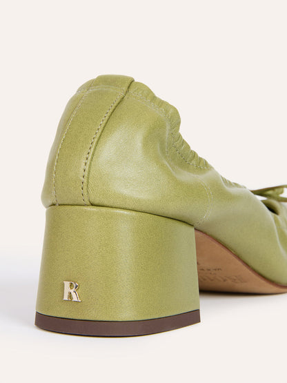 NICOISE olive green leather ballerinas, back view showing gold R logo by Rouje