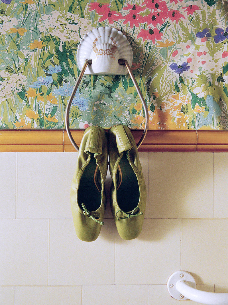 NICOISE olive green leather ballerinas, top view by Rouje