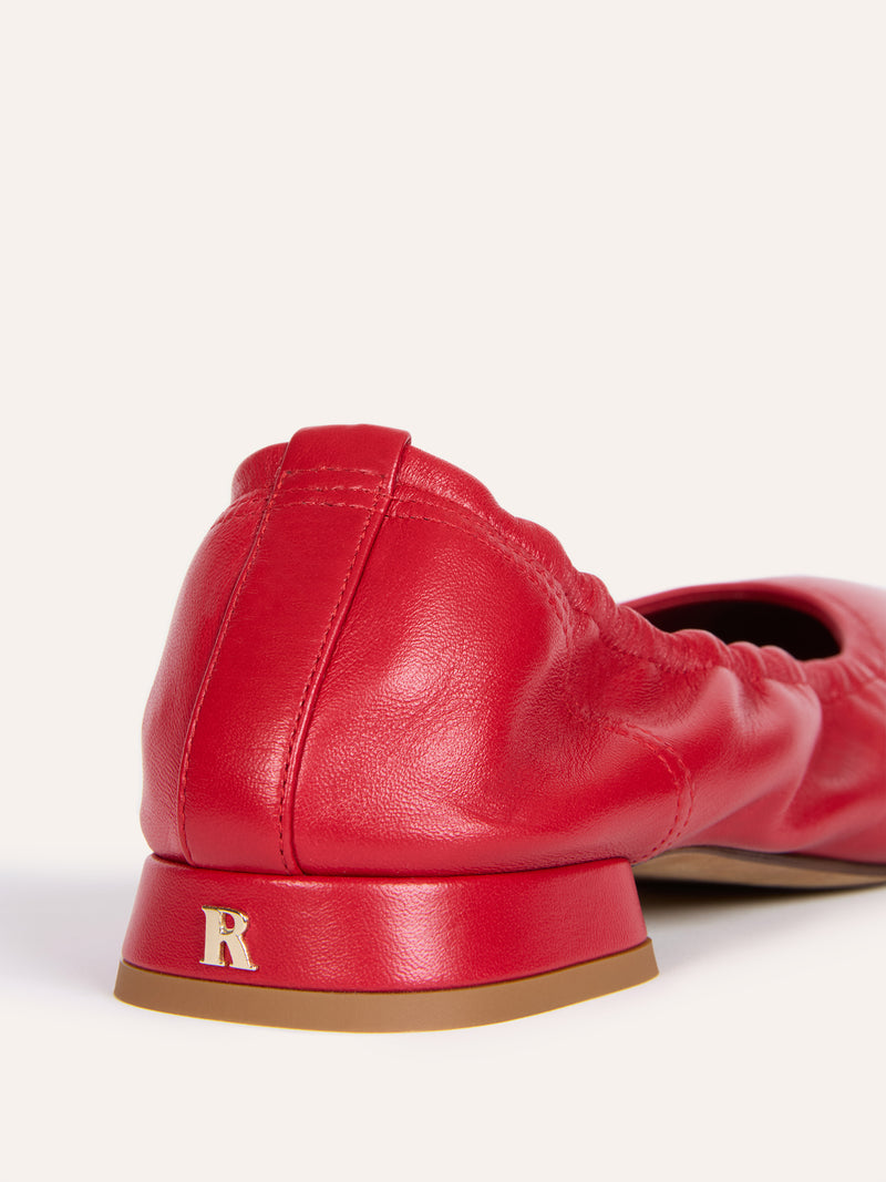 NINA red leather ballet flats, back view showing R logo by Rouje