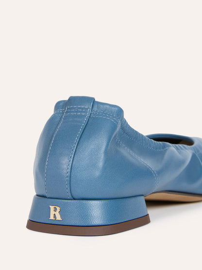 NINA denim-effect leather ballet flats, back view showing R logo by Rouje