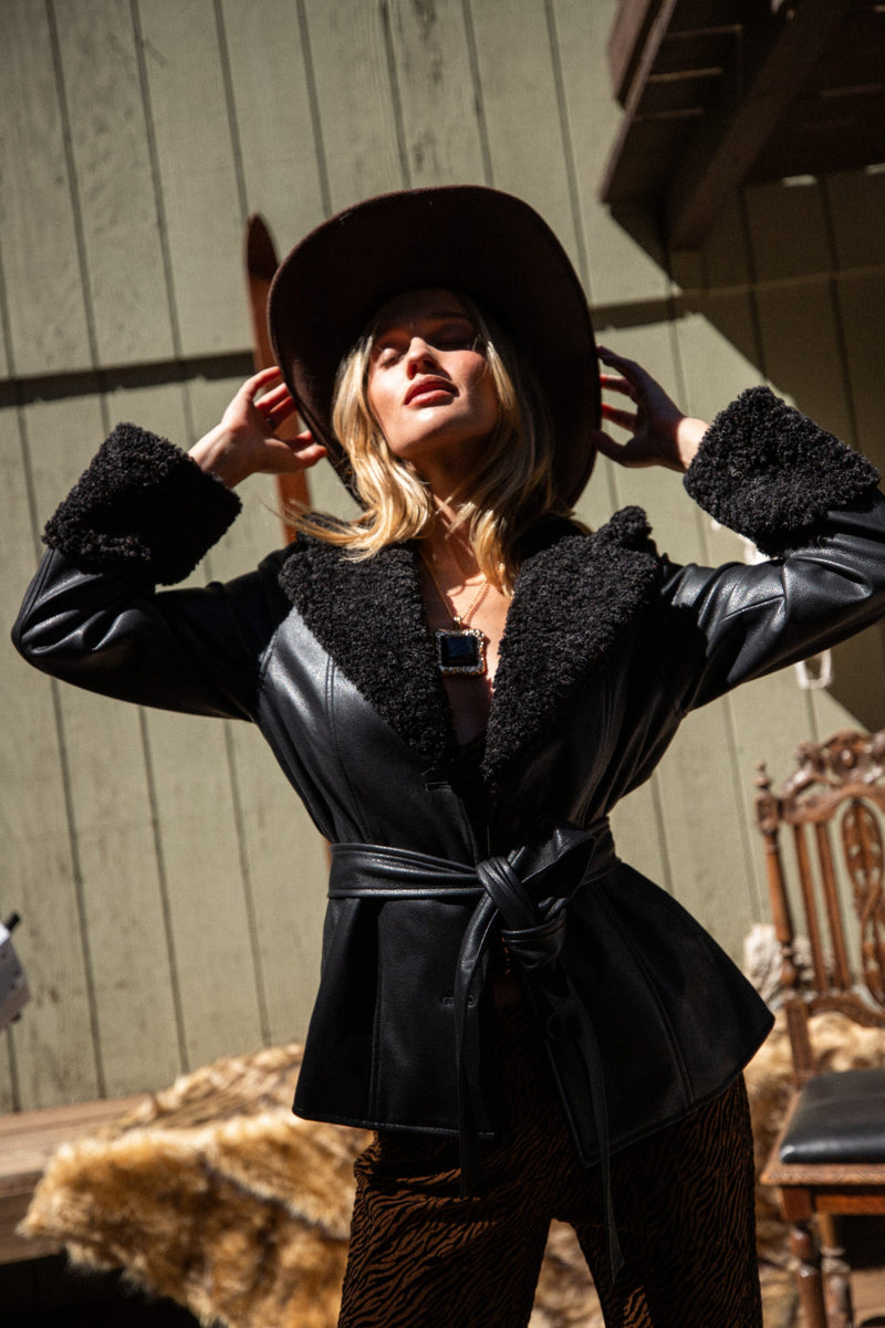 Banks Black Belted Coat styled in a complete look from an alternate angle.