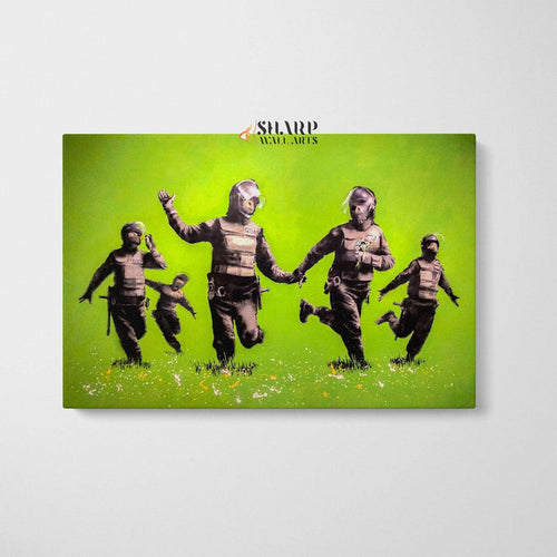 Banksy - Riot Police In The Field Peace Wall Art Canvas - SharpWallArts