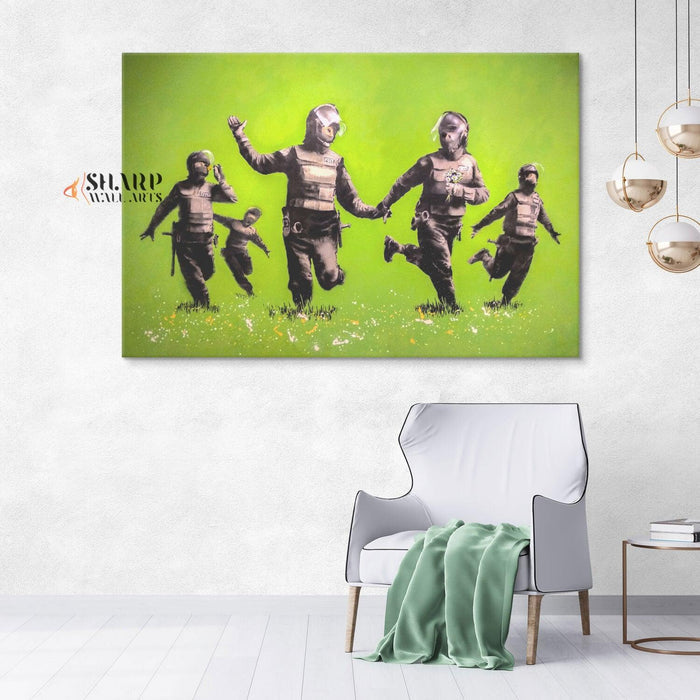 Banksy - Riot Police In The Field Peace Wall Art Canvas - SharpWallArts