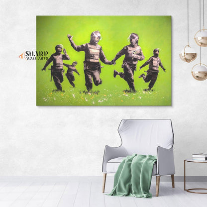 Banksy - Riot Police In The Field Peace Wall Art Canvas - SharpWallArts