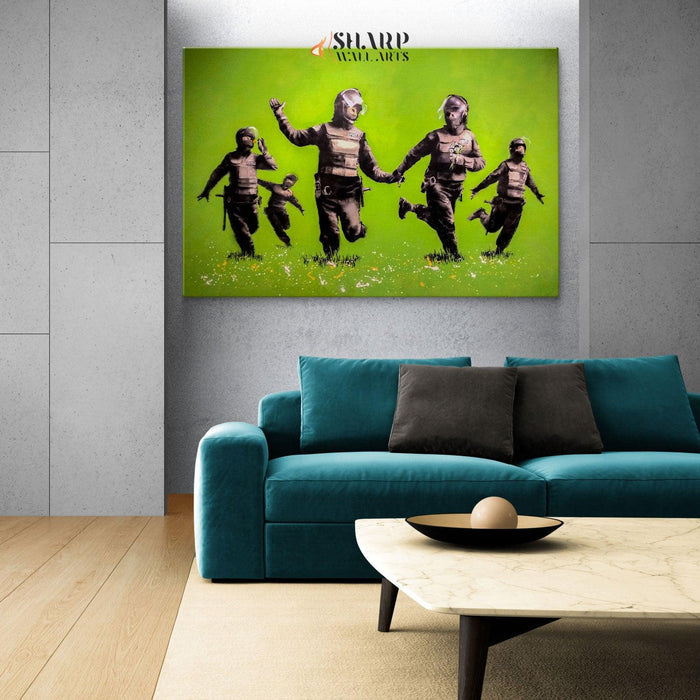 Banksy - Riot Police In The Field Peace Wall Art Canvas - SharpWallArts