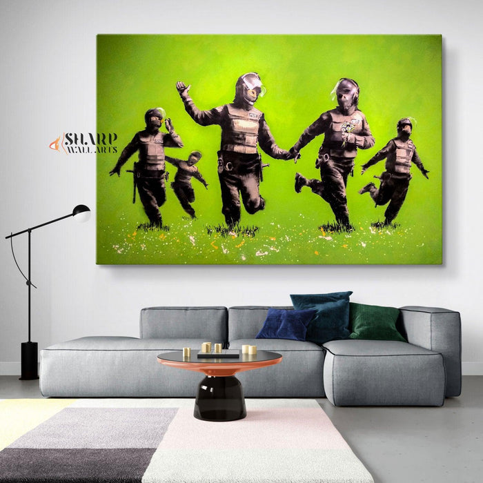 Banksy - Riot Police In The Field Peace Wall Art Canvas - SharpWallArts