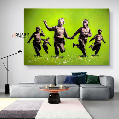 Banksy - Riot Police In The Field Peace Wall Art Canvas - SharpWallArts