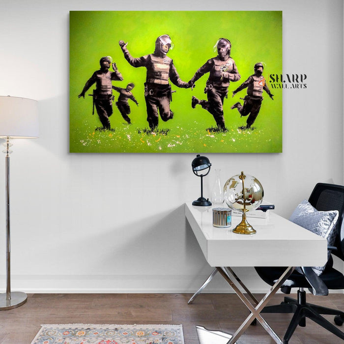 Banksy - Riot Police In The Field Peace Wall Art Canvas - SharpWallArts