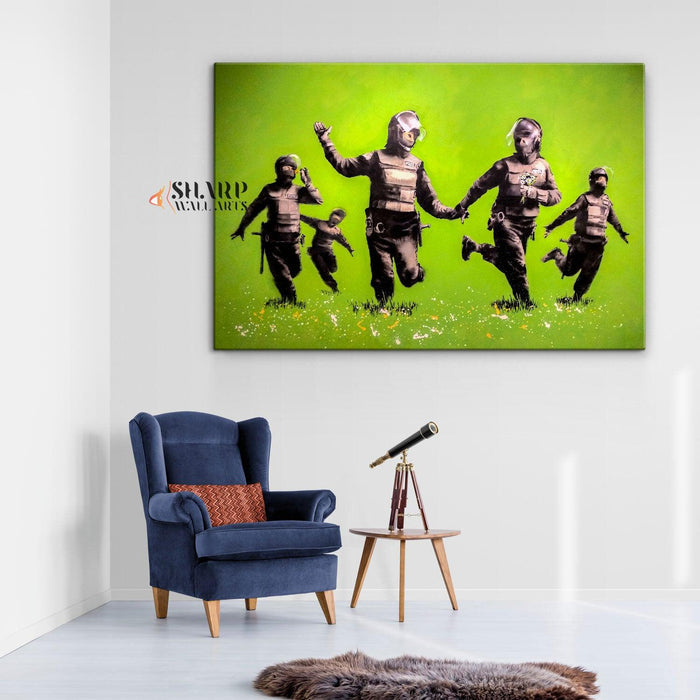 Banksy - Riot Police In The Field Peace Wall Art Canvas - SharpWallArts