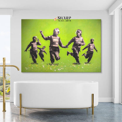 Banksy - Riot Police In The Field Peace Wall Art Canvas - SharpWallArts