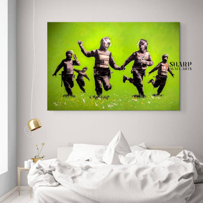 Banksy - Riot Police In The Field Peace Wall Art Canvas - SharpWallArts