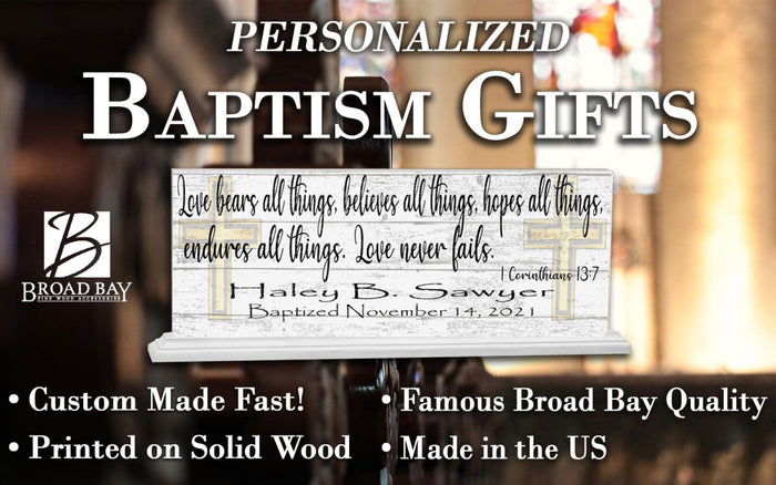 Baptism Gift For Boys or Girls Personalized Plaque Love Bears All Bible Verse - Broad Bay Personalized Gifts Shipped Fast