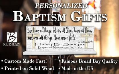 Baptism Gift For Boys or Girls Personalized Plaque Love Bears All Bible Verse - Broad Bay Personalized Gifts Shipped Fast